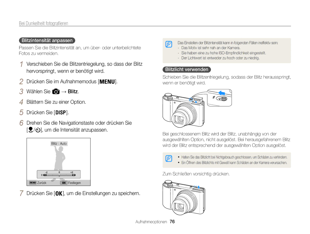 Samsung WB855F, WB850F manual Blitzintensität anpassen , Drücken Sie im Aufnahmemodus, Blitzlicht verwenden  